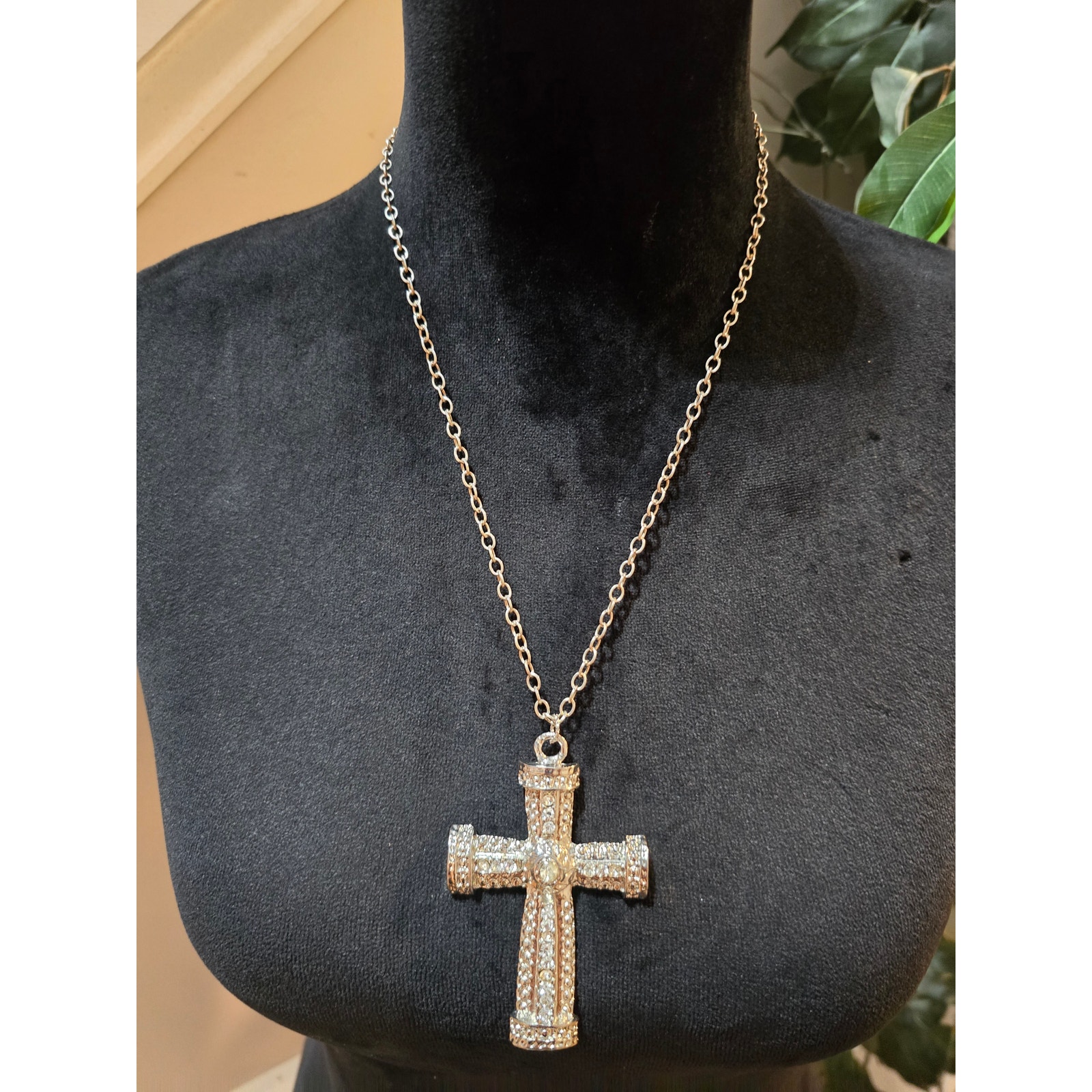 Women's Gold Tone Cross Pendant Necklace Rhinestone Pave Christian Chain Jewelry